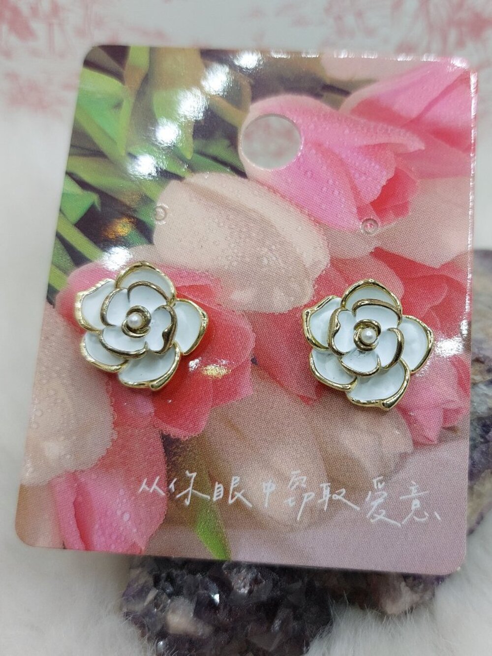S925 Stud White Camellia Flower Earrings Gold Trim Pearl Accent